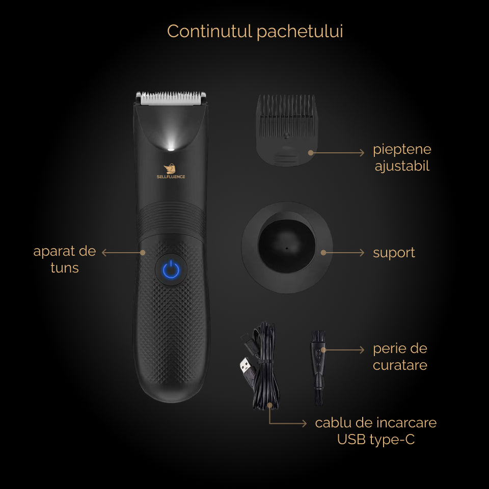 Masina de tuns Sellfluence Trimmer 1.0, inghinal, barba si corp, rezistent la apa, wireless, lumina led, 5000 rpm, cu stand, incarcare Type-C