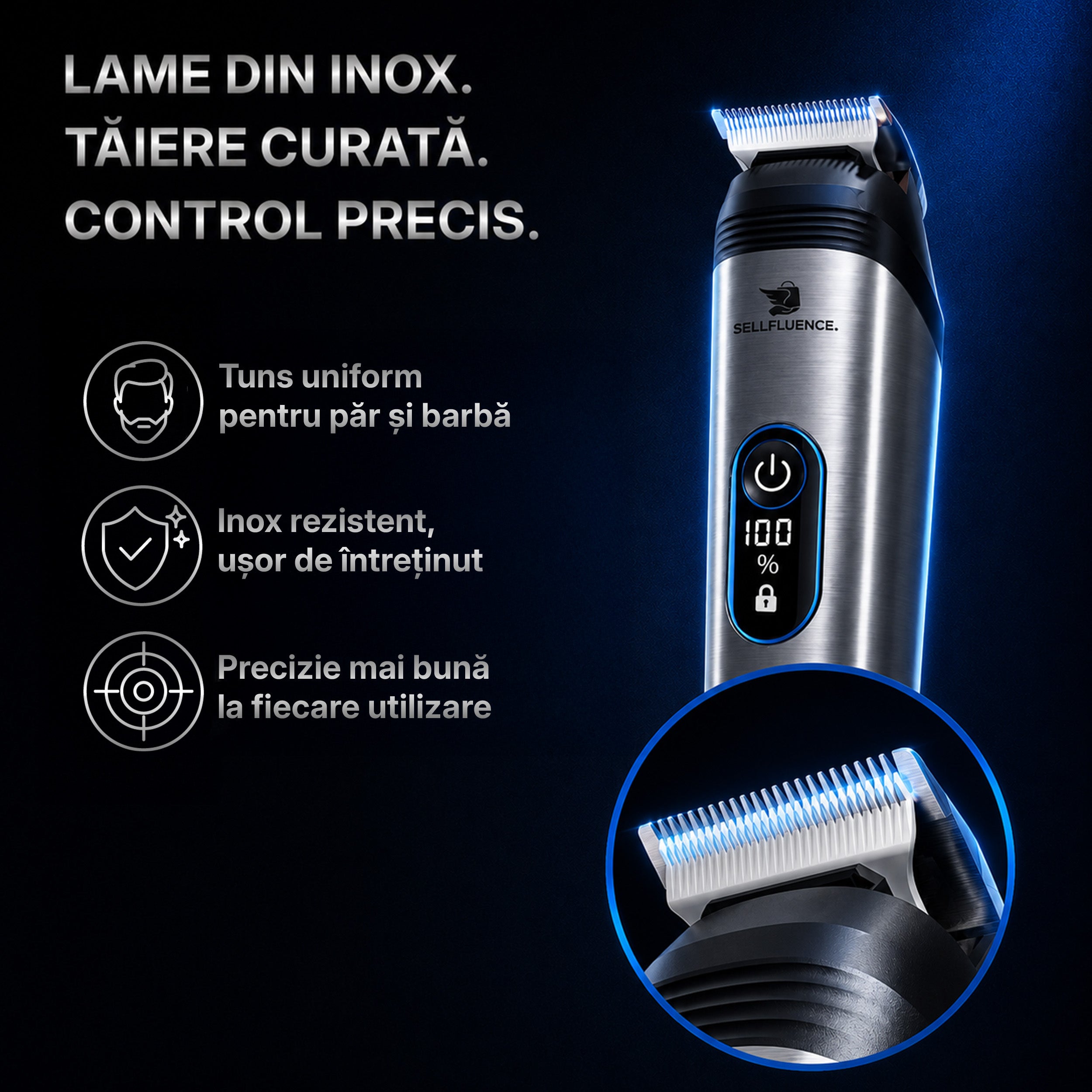 Masina de tuns si aparat de ras, Sellfluence All-in-One 16 in 1, par, barba, nas, inghinal si corp, rezistent la apa, wireless, 7000 rpm, autonomie 4-8 ore, negru/argintiu