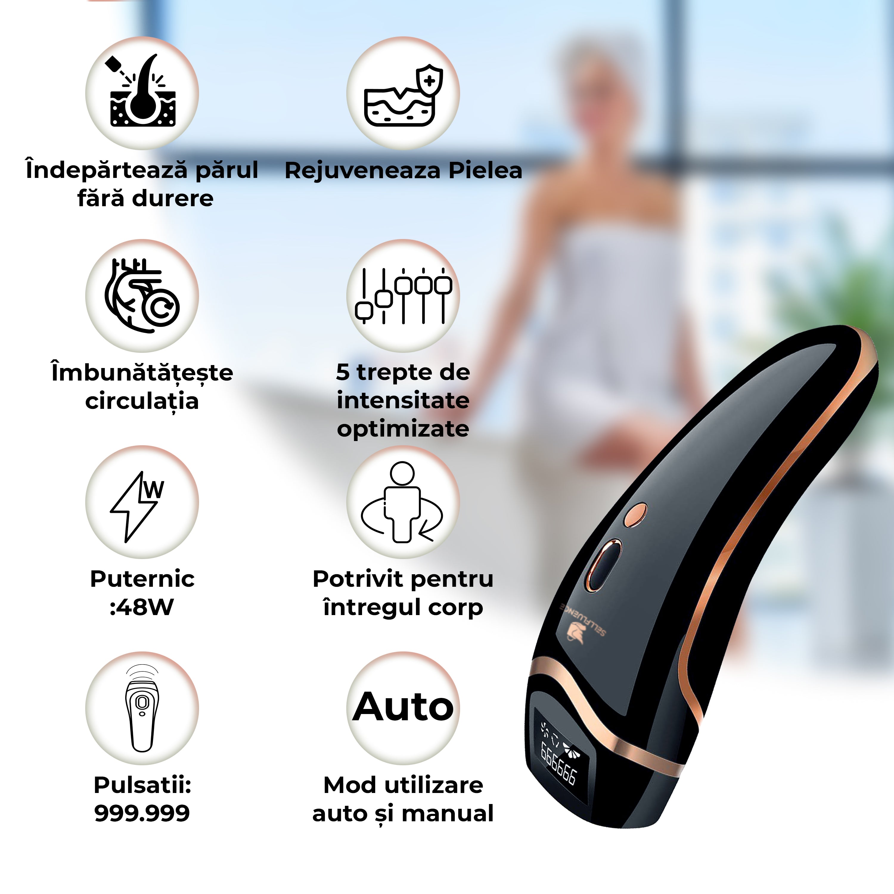 Epilator IPL Sellfluence Premium PRO 3 in 1, epilare definitiva fara durere, 999.999 pulsatii, mod automat, pentru barbati si femei, indeparteaza parul permanent de pe corp, brate, picioare, axila, facial si inghinal, pentru uz casnic, senzor piele