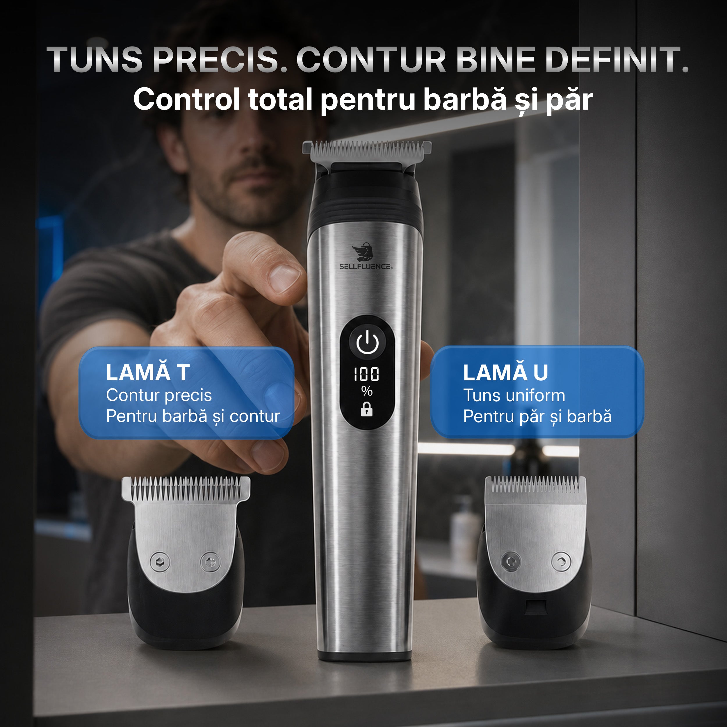 Masina de tuns si aparat de ras, Sellfluence All-in-One 16 in 1, par, barba, nas, inghinal si corp, rezistent la apa, wireless, 7000 rpm, autonomie 4-8 ore, negru/argintiu