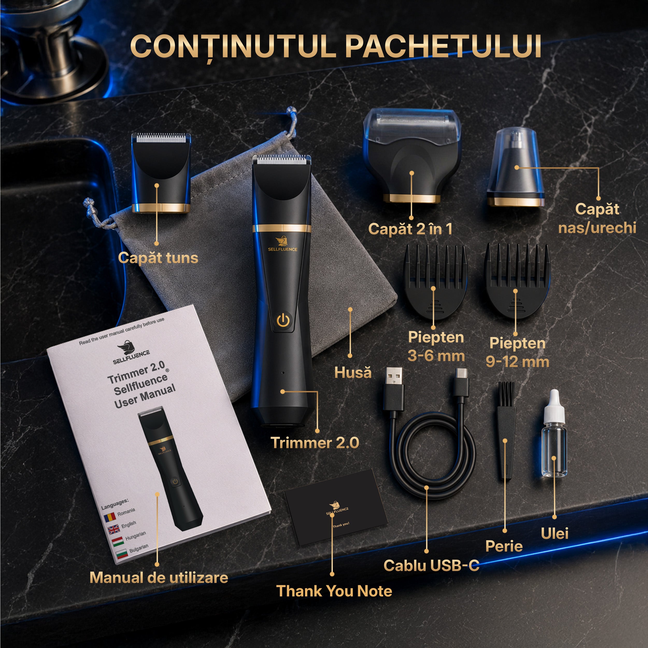 Masina de tuns si aparat de ras, Sellfluence Trimmer 2.0, multifunctional 3 in 1, de tuns, ras, nazal si conturare, pentru corp, inghinal, barba, nas, USB Type C, rezistent la apa, 7000 rpm