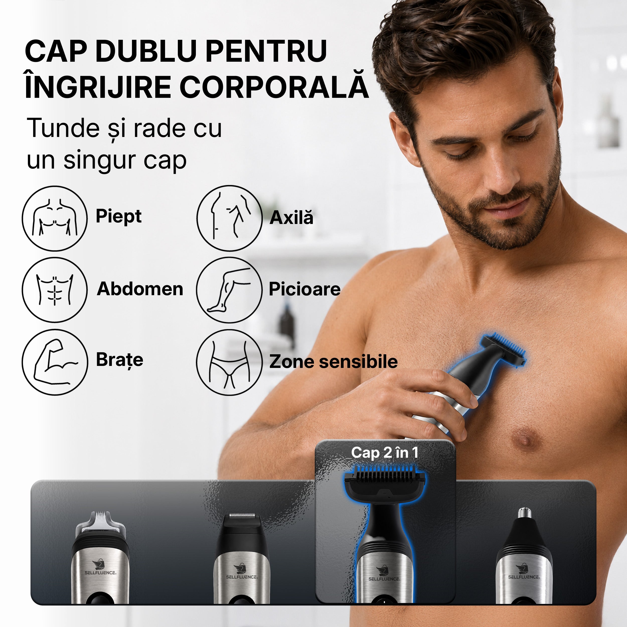 Masina de tuns si aparat de ras, Sellfluence All-in-One 16 in 1, par, barba, nas, inghinal si corp, rezistent la apa, wireless, 7000 rpm, autonomie 4-8 ore, negru/argintiu