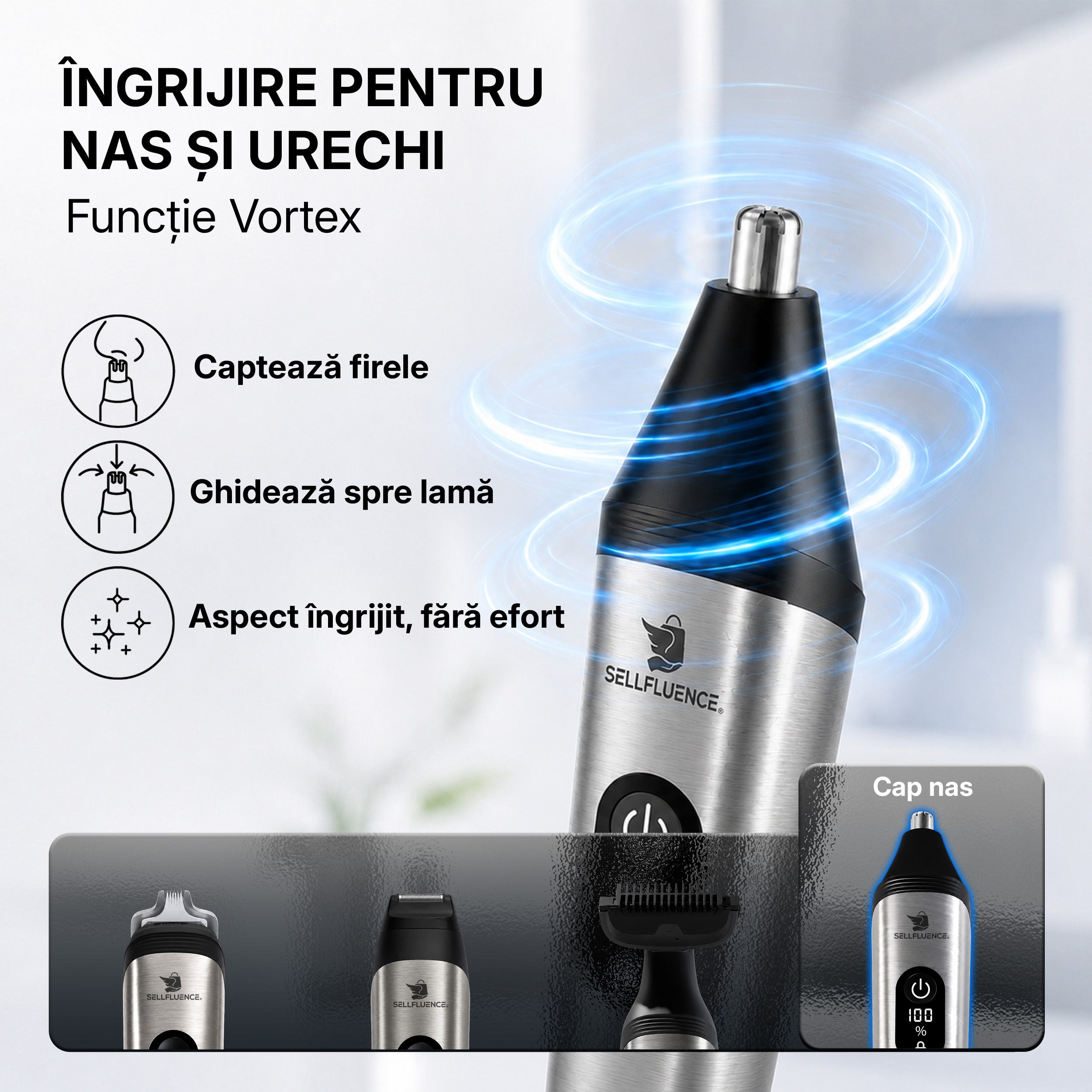 Masina de tuns si aparat de ras, Sellfluence All-in-One 16 in 1, par, barba, nas, inghinal si corp, rezistent la apa, wireless, 7000 rpm, autonomie 4-8 ore, negru/argintiu