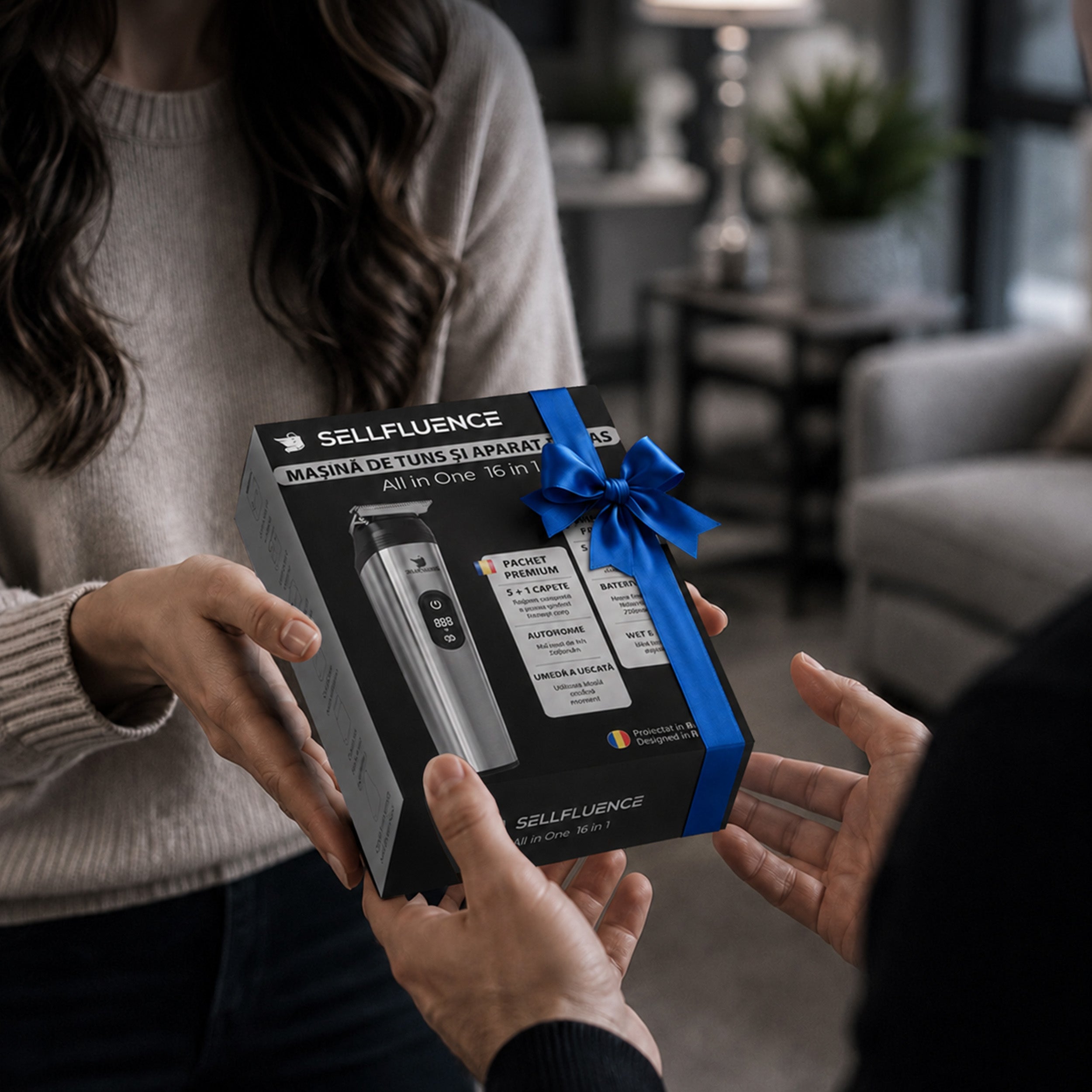 Masina de tuns si aparat de ras, Sellfluence All-in-One 16 in 1, par, barba, nas, inghinal si corp, rezistent la apa, wireless, 7000 rpm, autonomie 4-8 ore, negru/argintiu