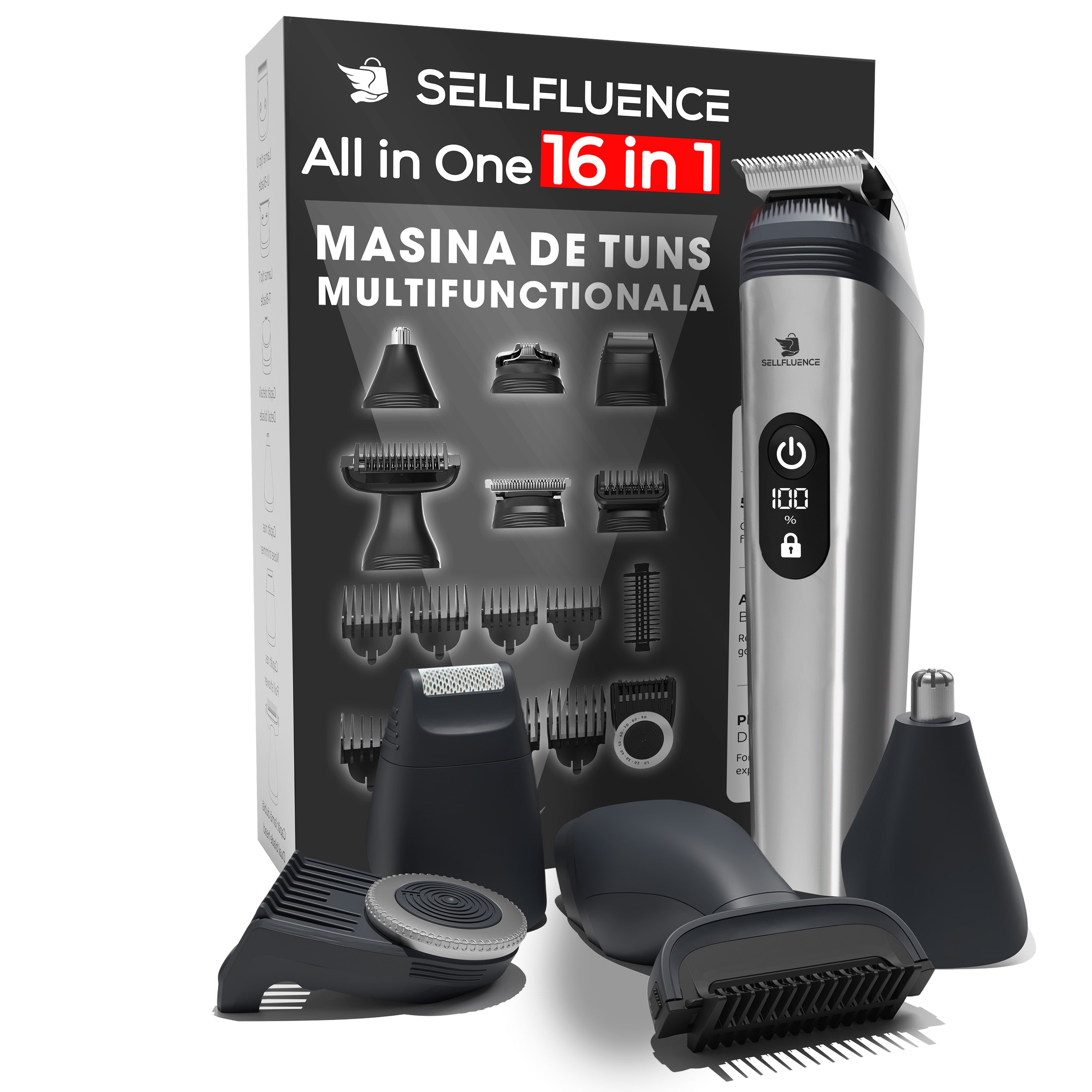 Masina de tuns si aparat de ras, Sellfluence All-in-One 16 in 1, par, barba, nas, inghinal si corp, rezistent la apa, wireless, 7000 rpm, autonomie 4-8 ore, negru/argintiu