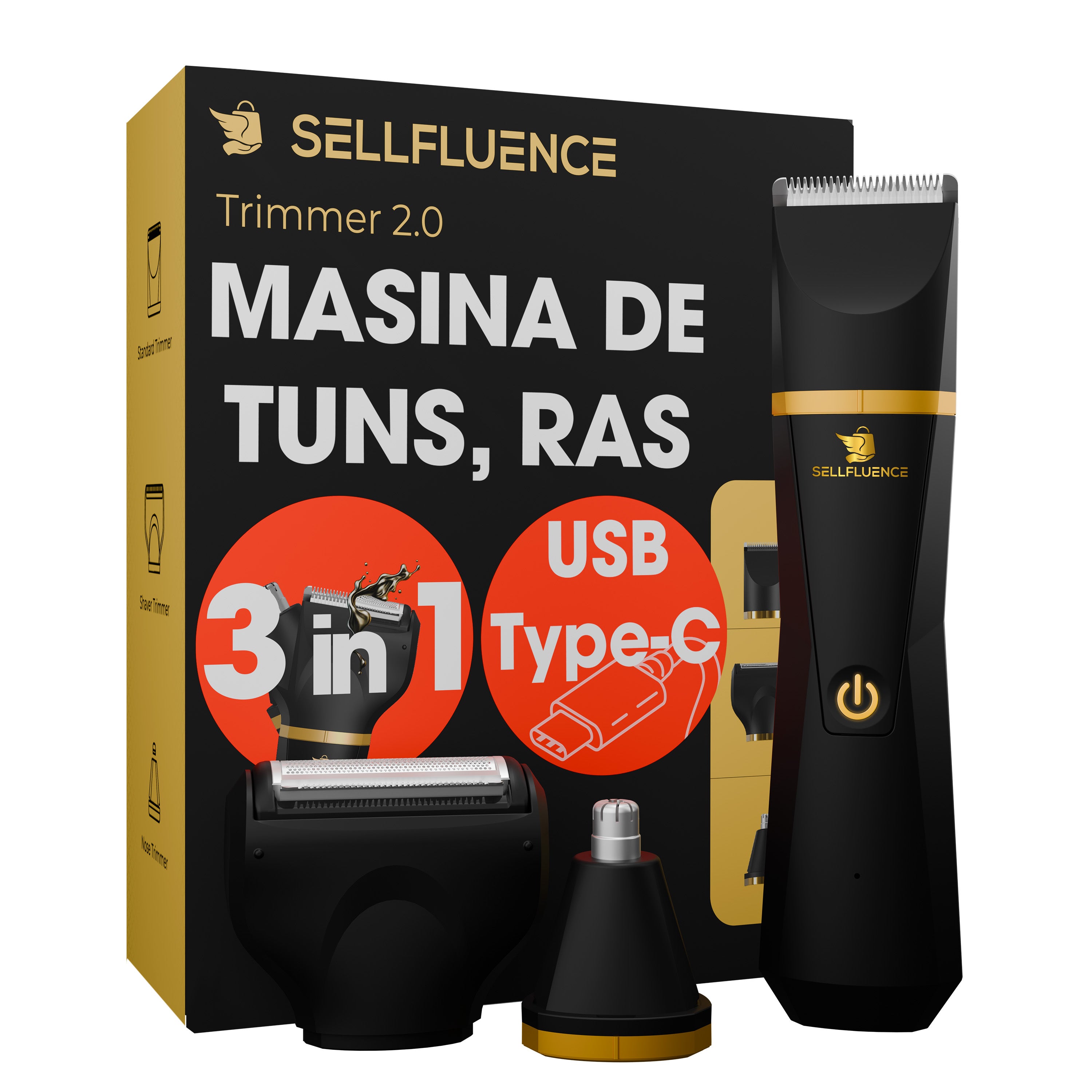 Masina de tuns si aparat de ras, Sellfluence Trimmer 2.0, multifunctional 3 in 1, de tuns, ras, nazal si conturare, pentru corp, inghinal, barba, nas, USB Type C, rezistent la apa, 7000 rpm