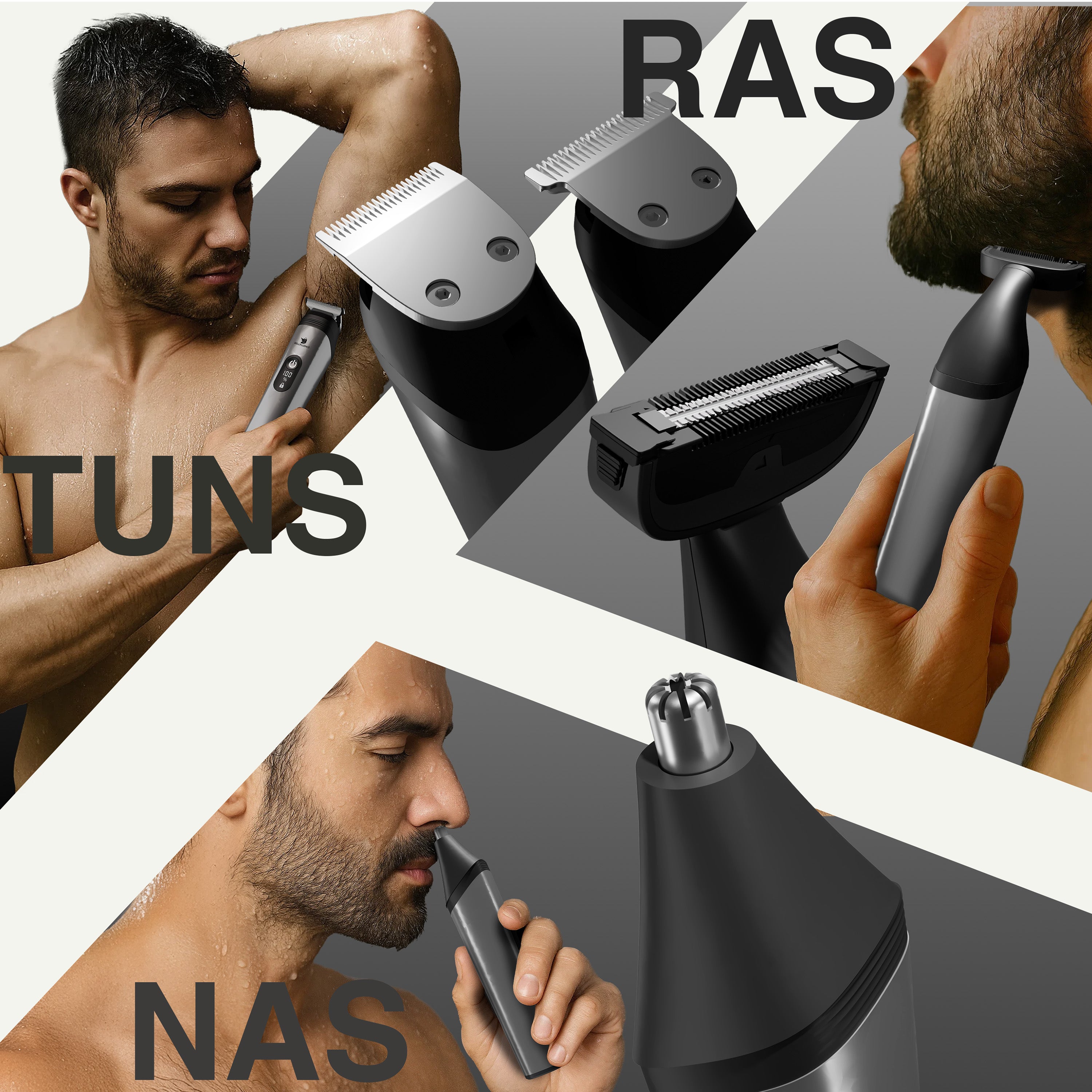 Masina de tuns si aparat de ras, Sellfluence All-in-One 16 in 1, par, barba, nas, inghinal si corp, rezistent la apa, wireless, 7000 rpm, autonomie 4-8 ore, negru/argintiu