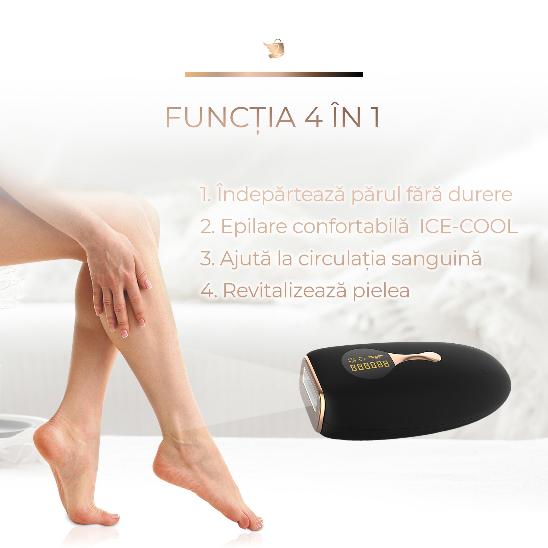 Epilator IPL Sellfluence ICE-COOL 4 in 1, epilare definitiva fara durere, 999.999 pulsatii, mod automat, pentru barbati, femei, indeparteaza parul permanent de pe corp, brate, picioare, axila, facial si inghinal, senzor piele