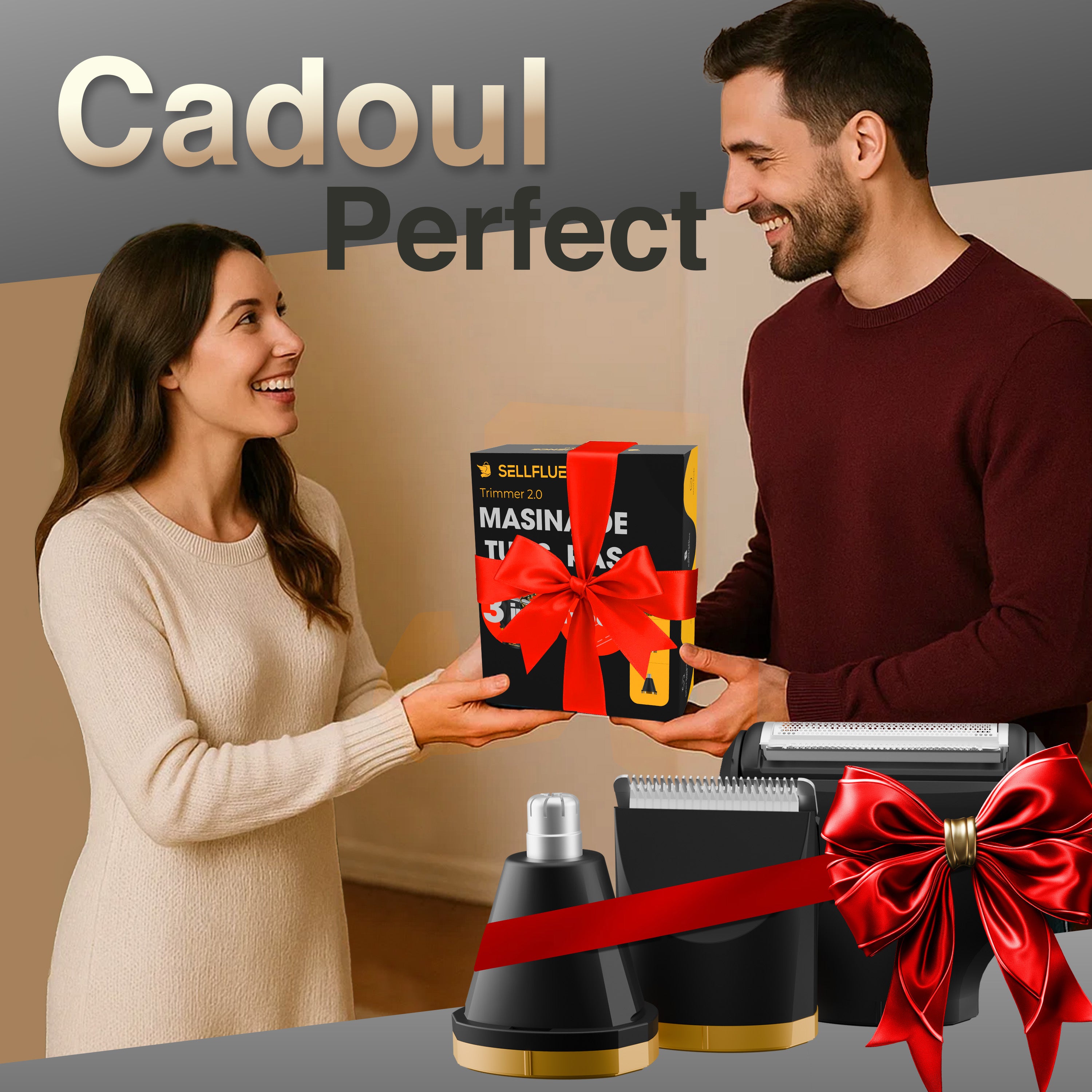 Masina de tuns si aparat de ras, Sellfluence Trimmer 2.0, multifunctional 3 in 1, de tuns, ras, nazal si conturare, pentru corp, inghinal, barba, nas, USB Type C, rezistent la apa, 7000 rpm