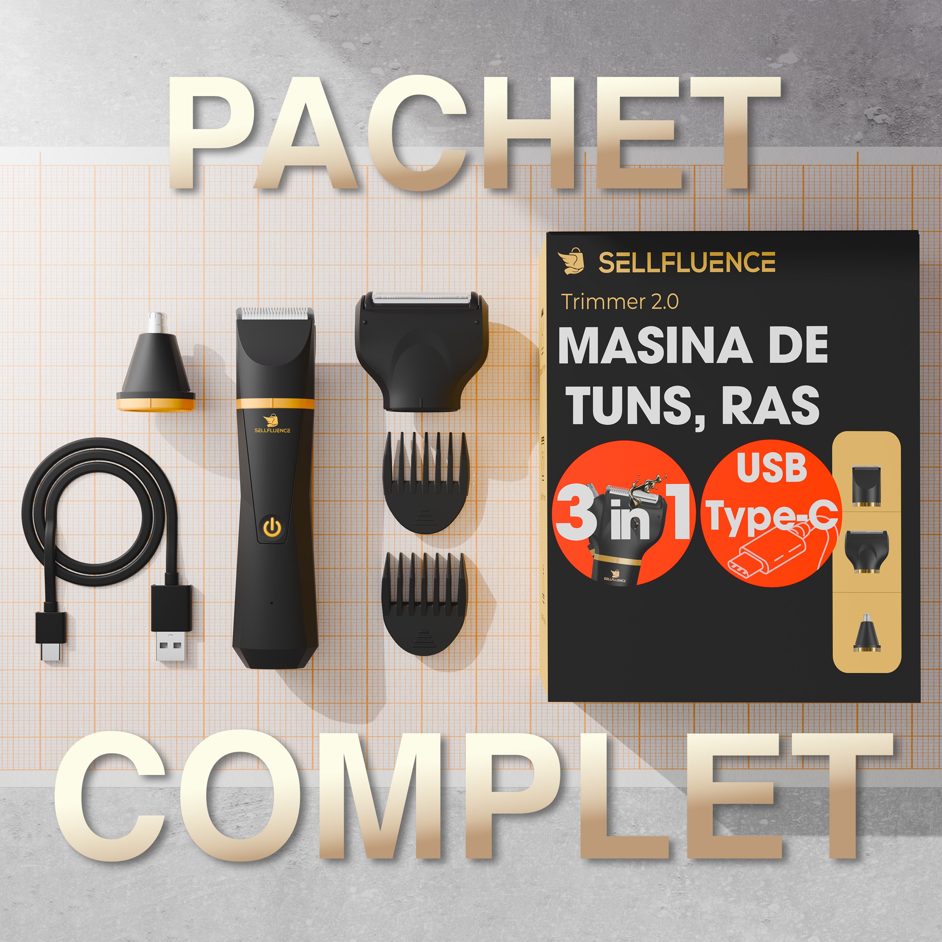 Masina de tuns si aparat de ras, Sellfluence Trimmer 2.0, multifunctional 3 in 1, de tuns, ras, nazal si conturare, pentru corp, inghinal, barba, nas, USB Type C, rezistent la apa, 7000 rpm