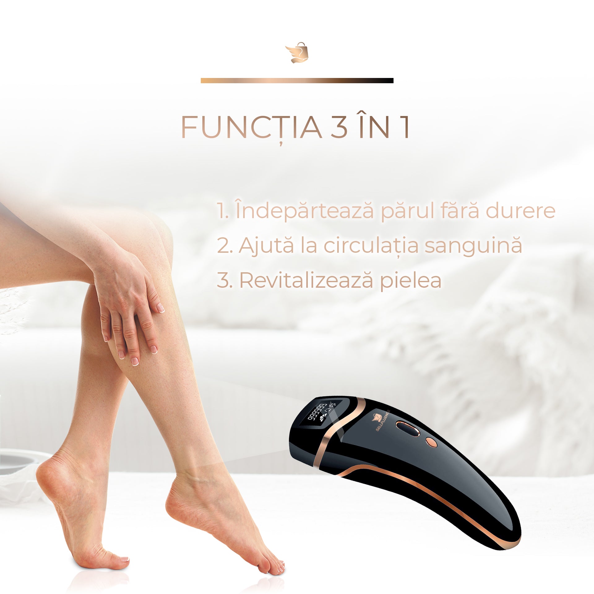 Epilator IPL Sellfluence Premium PRO 3 in 1, epilare definitiva fara durere, 999.999 pulsatii, mod automat, pentru barbati si femei, indeparteaza parul permanent de pe corp, brate, picioare, axila, facial si inghinal, pentru uz casnic, senzor piele