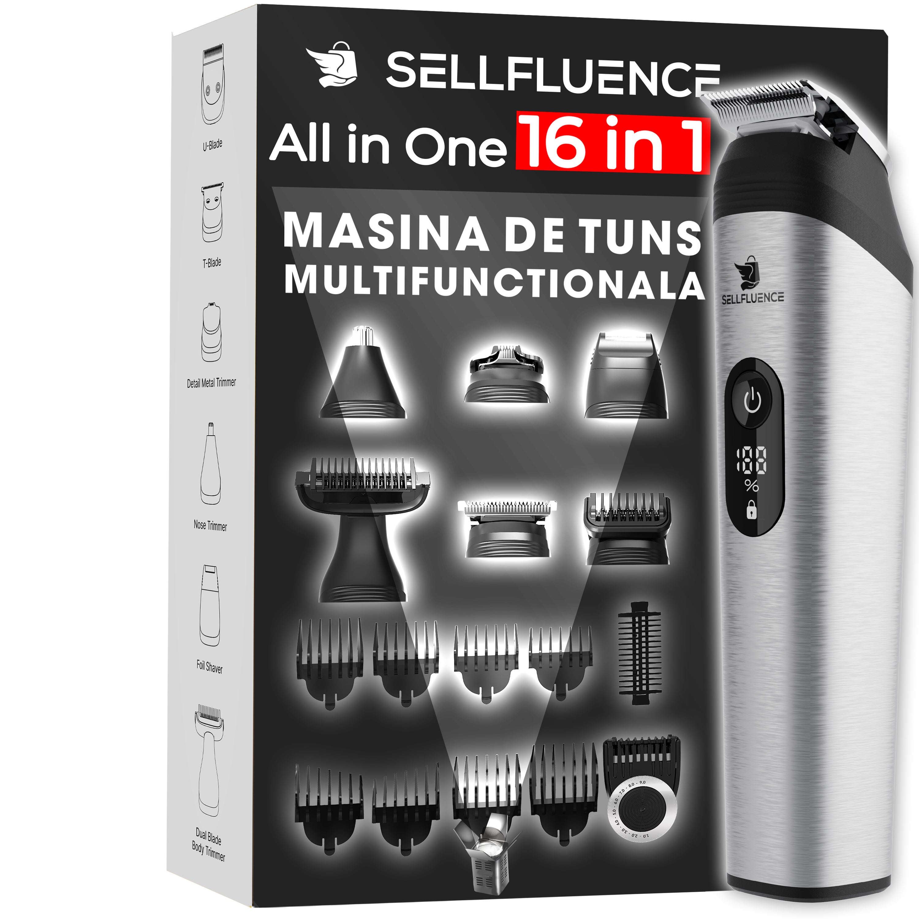 Masina de tuns si aparat de ras, Sellfluence All-in-One 16 in 1, par, barba, nas, inghinal si corp, rezistent la apa, wireless, 7000 rpm, autonomie 4-8 ore, negru/argintiu