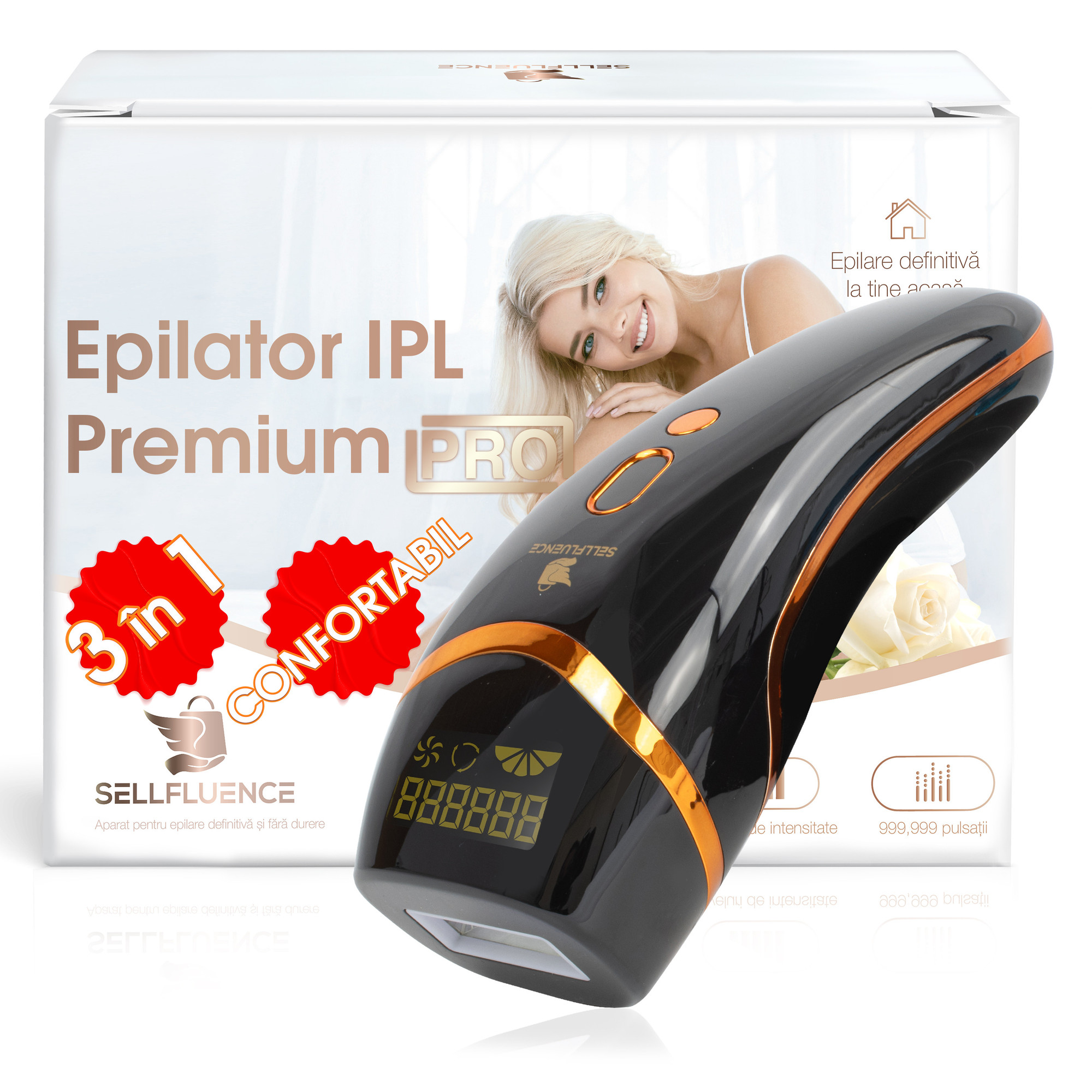 Epilator IPL Sellfluence Premium PRO 3 in 1, epilare definitiva fara durere, 999.999 pulsatii, mod automat, pentru barbati si femei, indeparteaza parul permanent de pe corp, brate, picioare, axila, facial si inghinal, pentru uz casnic, senzor piele