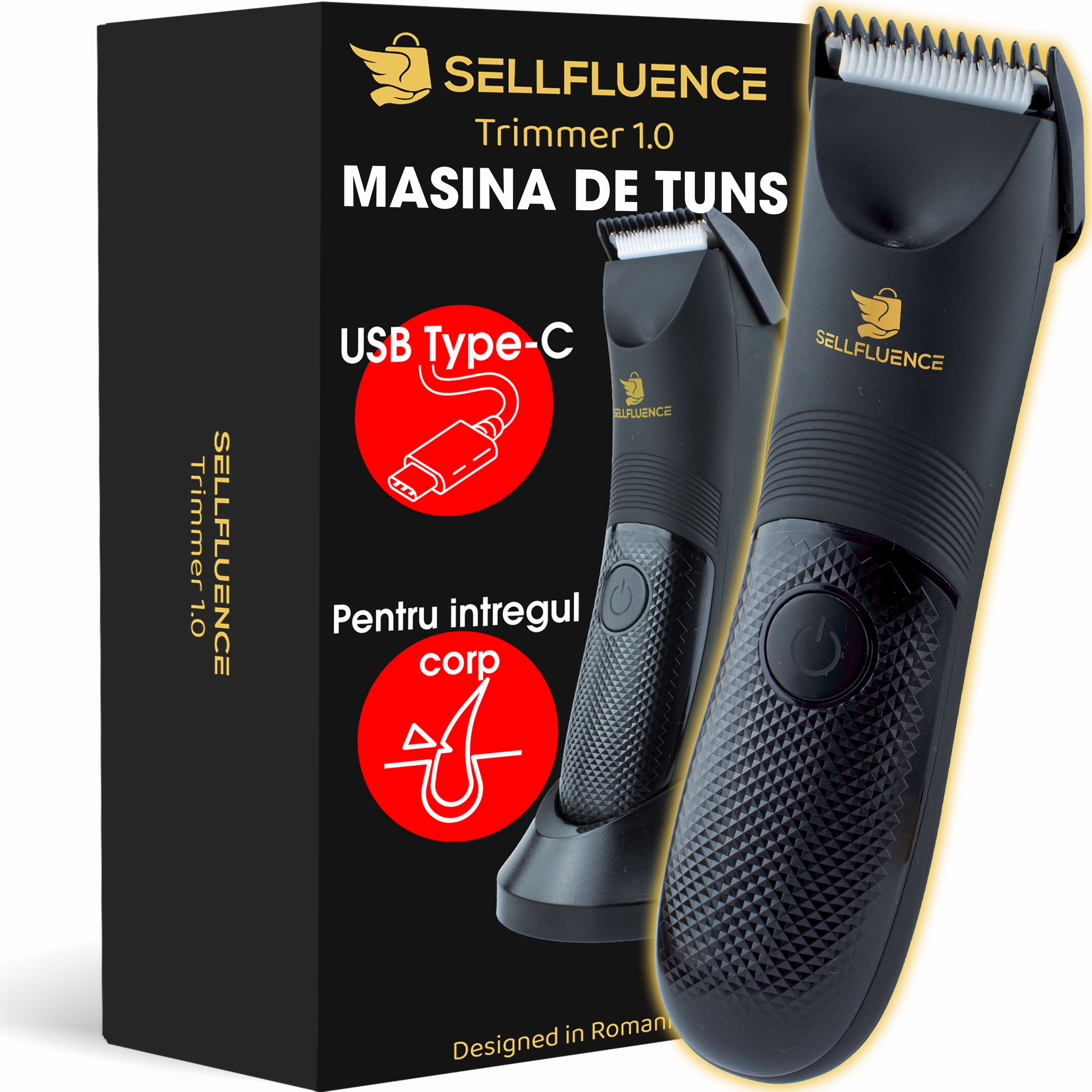 Masina de tuns Sellfluence Trimmer 1.0, inghinal, barba si corp, rezistent la apa, wireless, lumina led, 5000 rpm, cu stand, incarcare Type-C