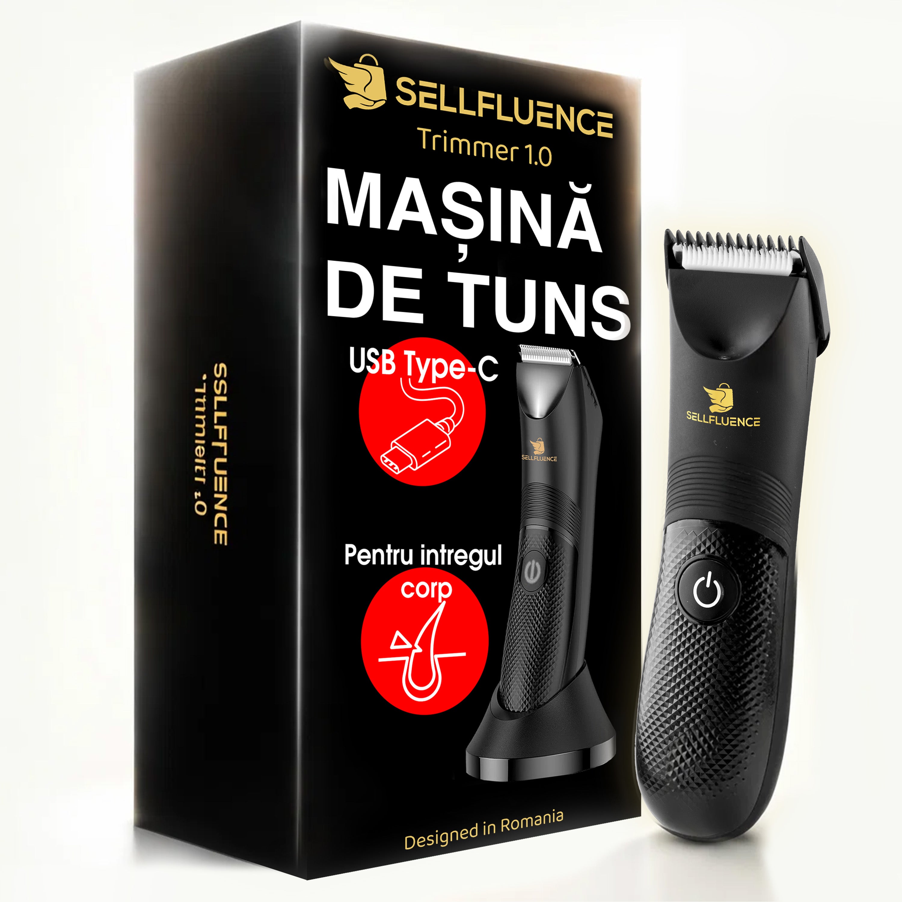 Masina de tuns Sellfluence Trimmer 1.0, inghinal, barba si corp, rezistent la apa, wireless, lumina led, 5000 rpm, cu stand, incarcare Type-C