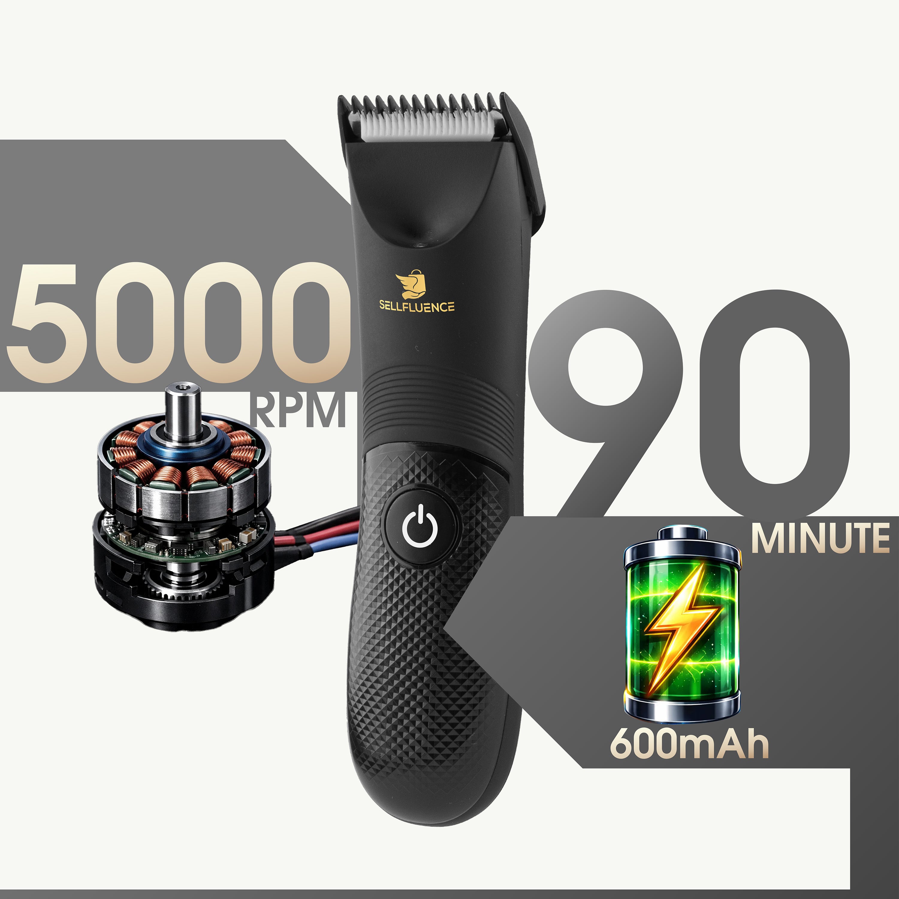 Masina de tuns Sellfluence Trimmer 1.0, inghinal, barba si corp, rezistent la apa, wireless, lumina led, 5000 rpm, cu stand, incarcare Type-C