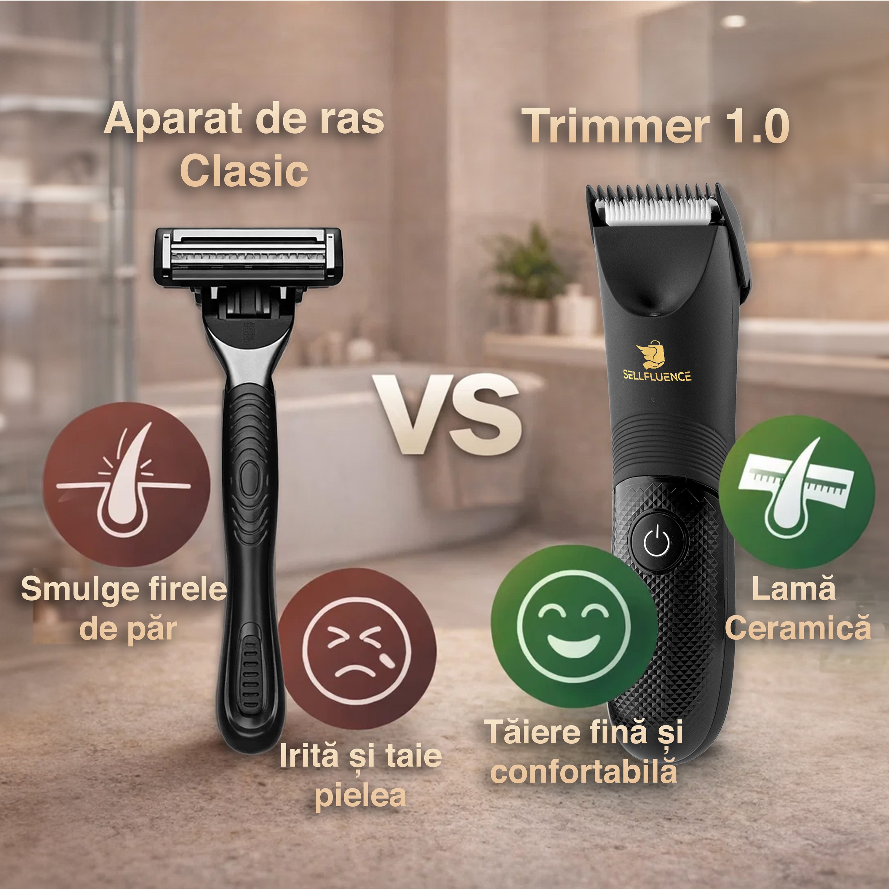 Masina de tuns Sellfluence Trimmer 1.0, inghinal, barba si corp, rezistent la apa, wireless, lumina led, 5000 rpm, cu stand, incarcare Type-C