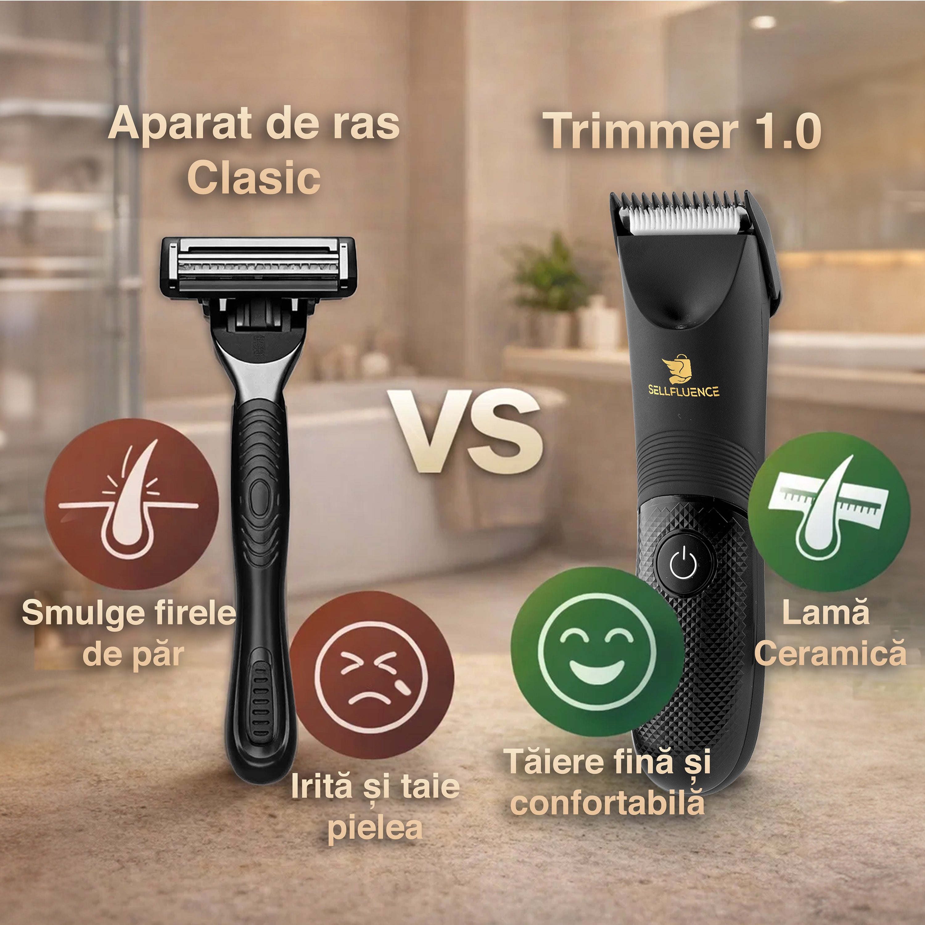 Masina de tuns Sellfluence Trimmer 1.0, inghinal, barba si corp, rezistent la apa, wireless, lumina led, 5000 rpm, cu stand, incarcare Type-C