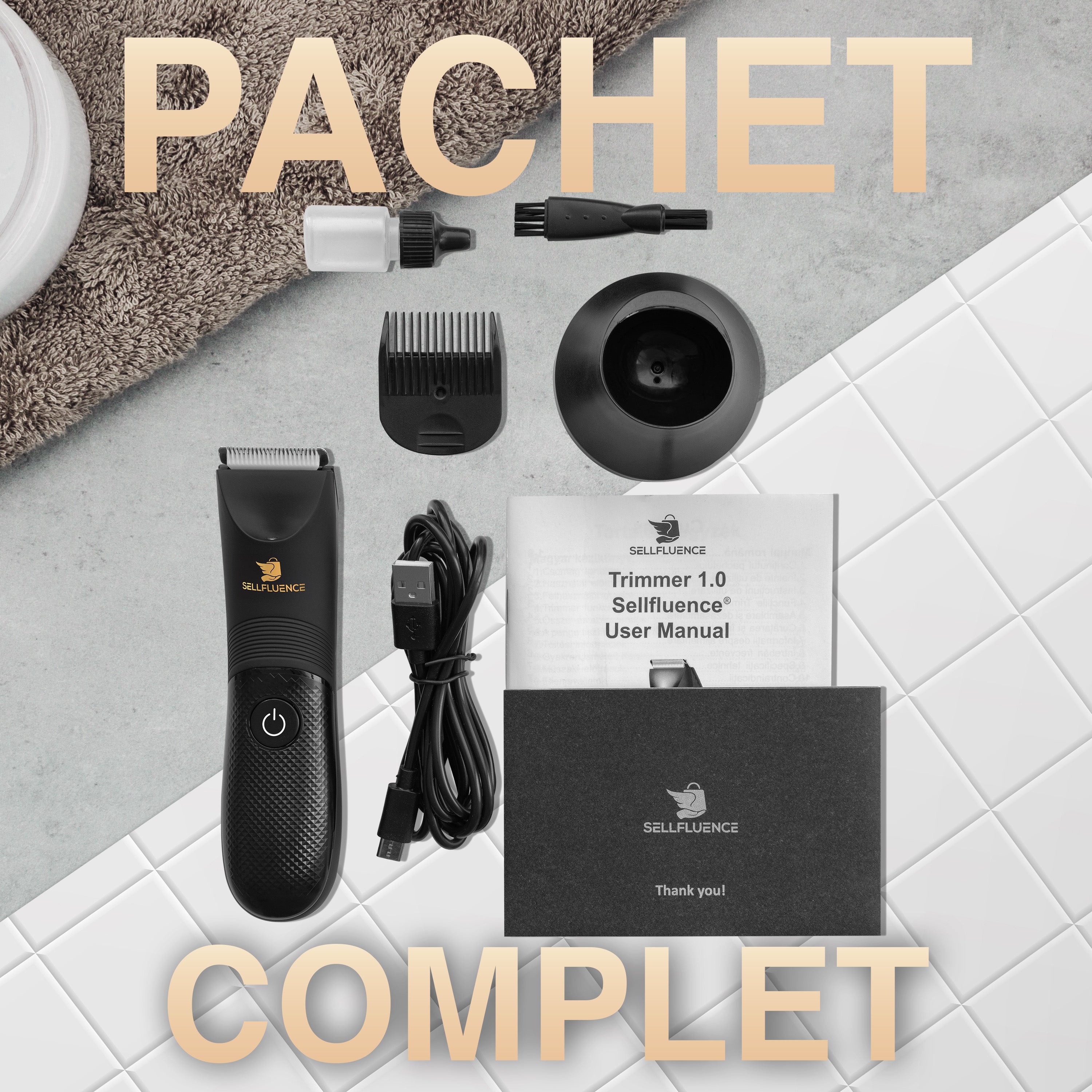 Masina de tuns Sellfluence Trimmer 1.0, inghinal, barba si corp, rezistent la apa, wireless, lumina led, 5000 rpm, cu stand, incarcare Type-C