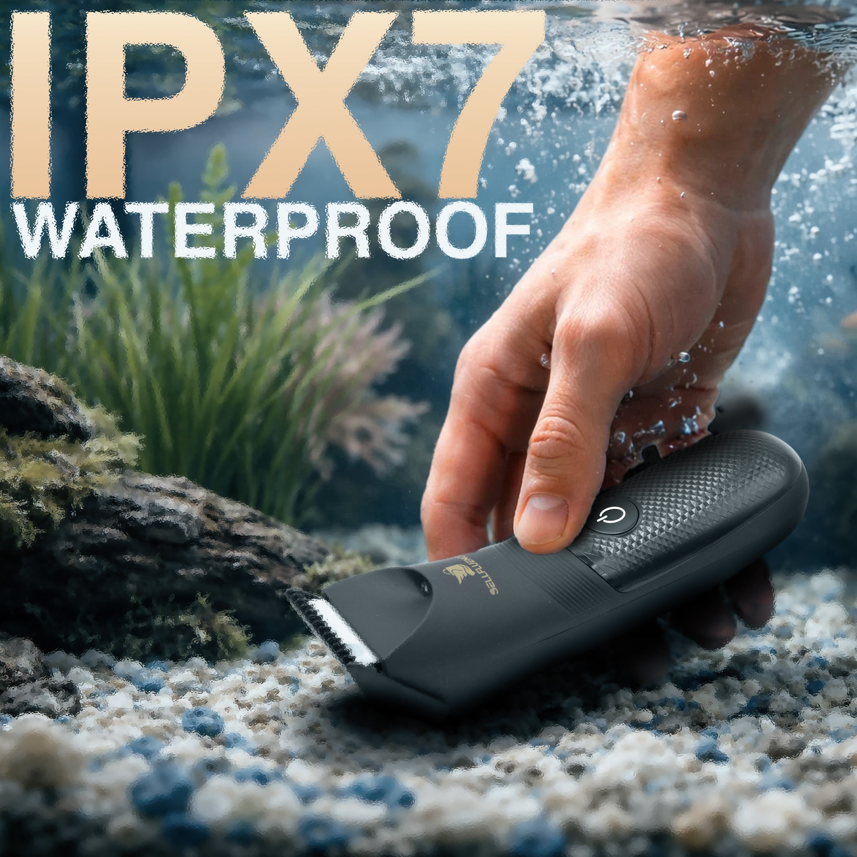 Masina de tuns Sellfluence Trimmer 1.0, inghinal, barba si corp, rezistent la apa, wireless, lumina led, 5000 rpm, cu stand, incarcare Type-C