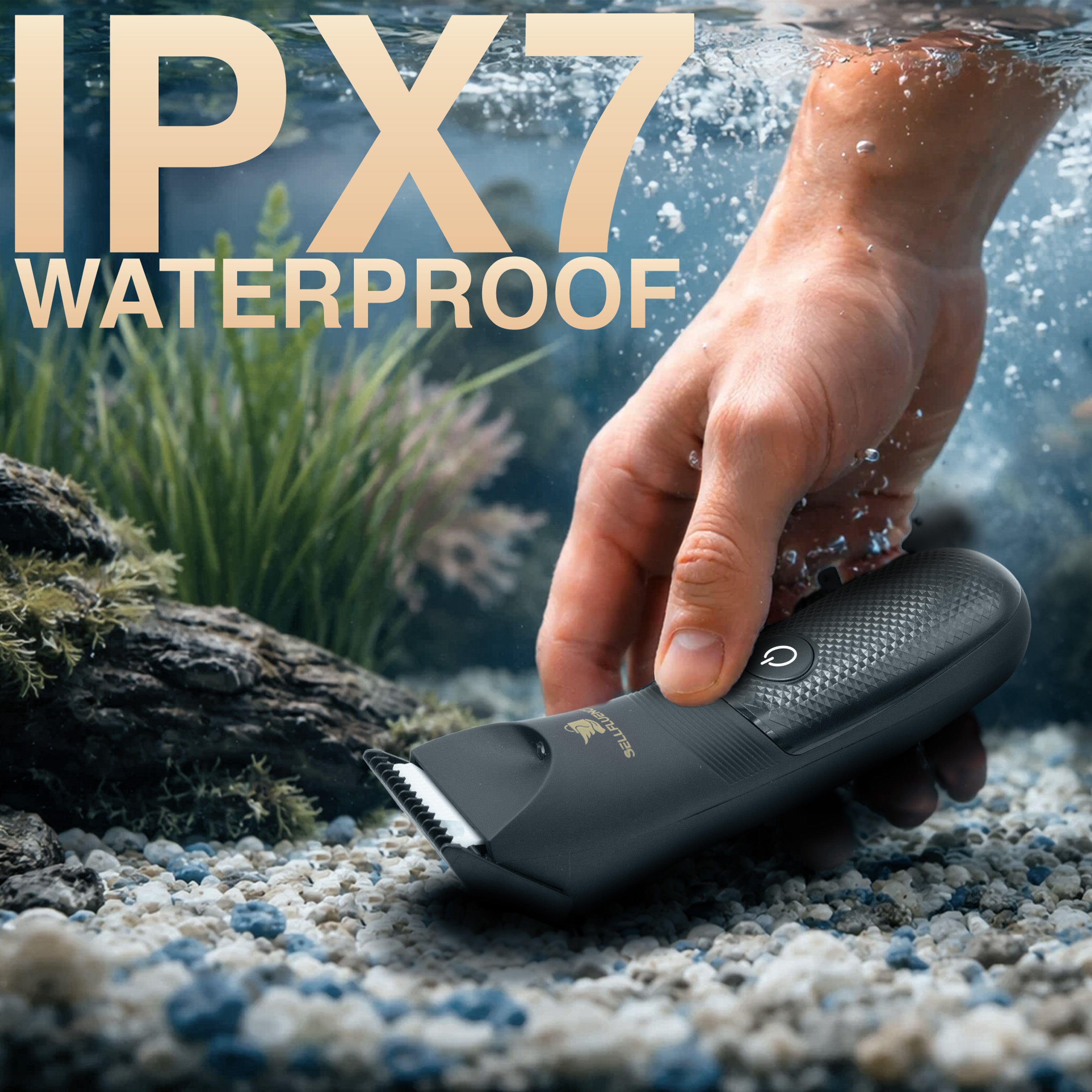 Masina de tuns Sellfluence Trimmer 1.0, inghinal, barba si corp, rezistent la apa, wireless, lumina led, 5000 rpm, cu stand, incarcare Type-C