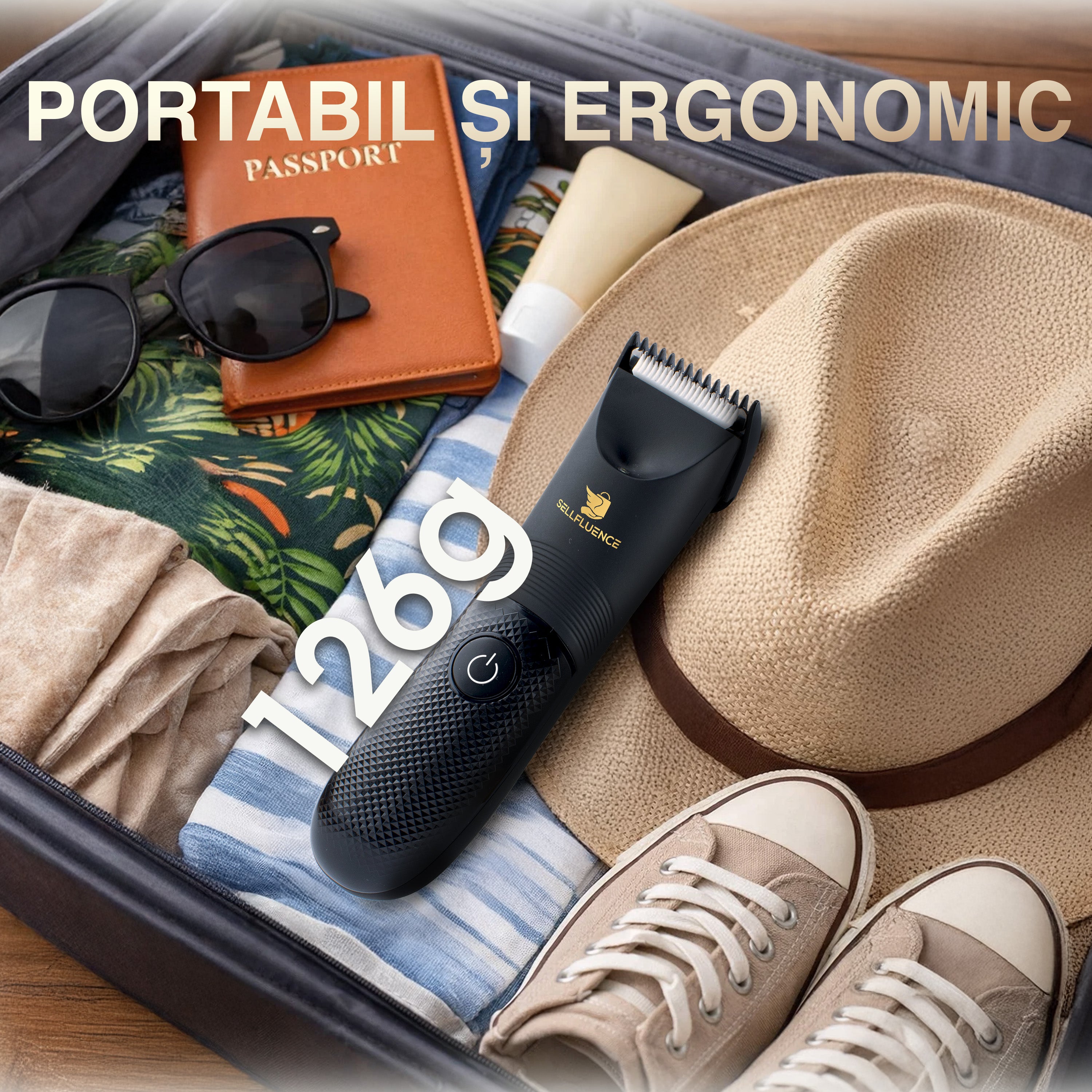 Masina de tuns Sellfluence Trimmer 1.0, inghinal, barba si corp, rezistent la apa, wireless, lumina led, 5000 rpm, cu stand, incarcare Type-C